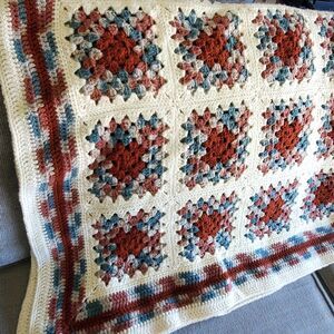 Afghan Granny Square Cream Rusty-Mauve Blue Hand Crocheted 70” X 56” cottagecore